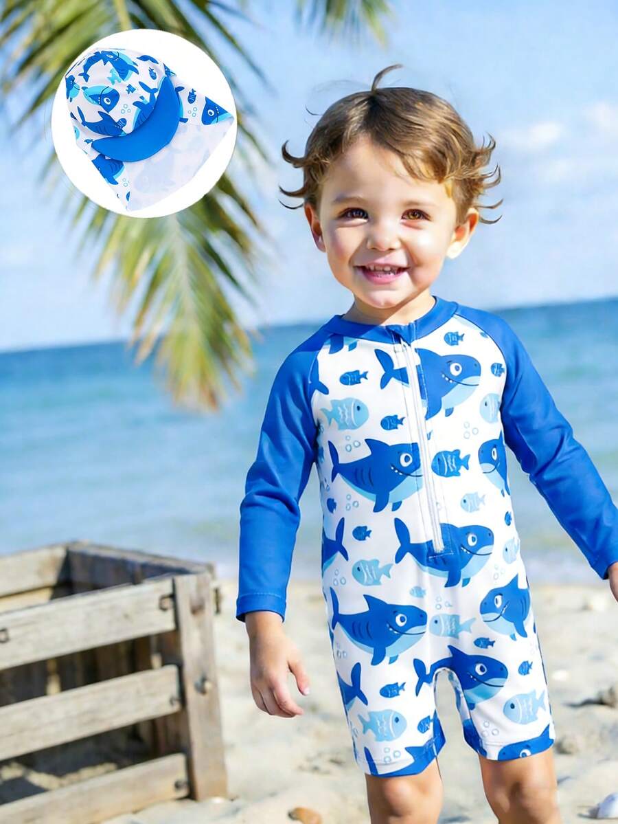 SHEIN New Spring/Summer Baby/Toddler Boys' Cute Ocean Animal Digital Print One-Piece Swimsuit With Matching Sun Protection Swim Cap, 2pcs Set For Beach/Holiday