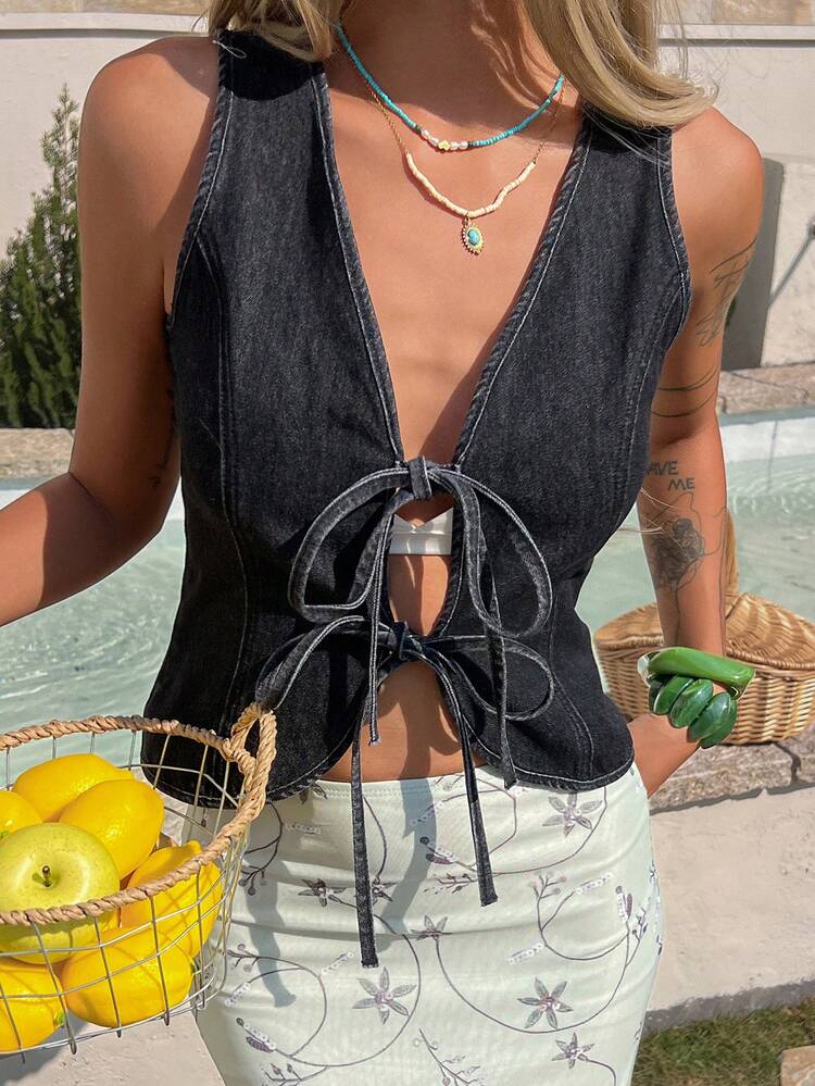 Women's V-Neck Sleeveless Tie-Up Fitted Casual Denim Jacket And Coat, Suitable For Urban And Vacation