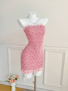 Elamini Women's Sweet & Cute Date Casual Vacation Fashion Everyday Versatile Chiffon Ditsy Floral Waist Fitted Mini Dress - Multicolor - View 5