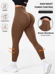 Seamluxe SHEIN Sport Quần legging thể thao nữ màu trơn, cạp cao, co giãn, thích hợp cho mùa thu. - Màu Khaki - Xem 1
