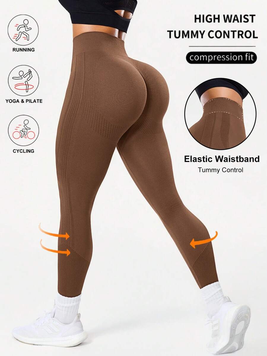 Seamluxe SHEIN Sport Quần legging thể thao nữ màu trơn, cạp cao, co giãn, thích hợp cho mùa thu. - Màu Khaki - Xem 1