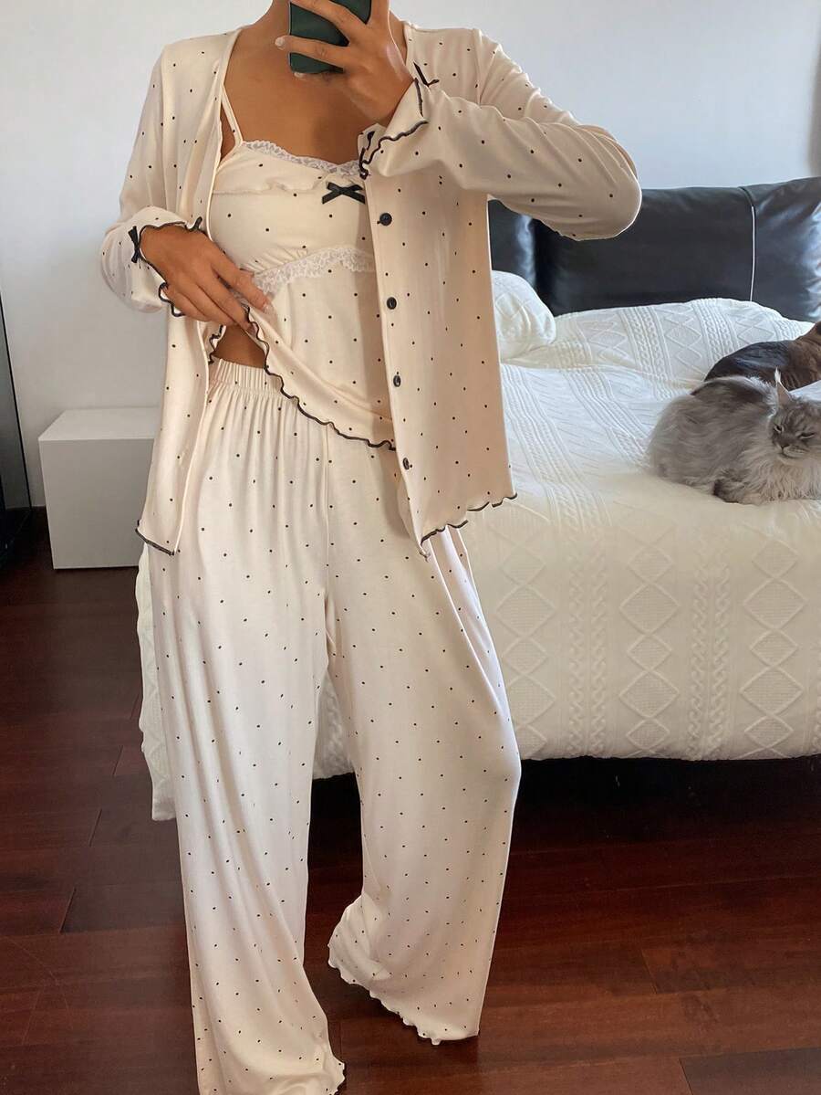 DAZY 3pcs/Set Polka Dot Full Print Lace Trim Women Pajama Set - Apricot - View 1