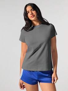 Fluxe 休闲纯色针织圆领短袖宽松百搭女式T恤 - 灰色 - 查看 6