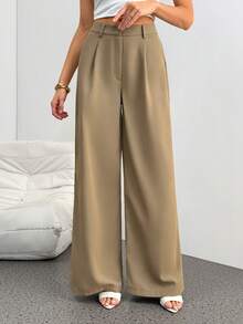 SHEIN Tall Quần ống rộng cạp cao màu trơn, kiểu dáng thường ngày, đa năng, phù hợp cho người cao, phong cách thu đông. - Màu Khaki - Xem 3