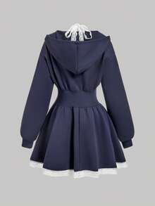 SHEIN MOD 女士时尚束腰长袖蕾丝拼接连衣裙 - 藏蓝色 - 查看 2