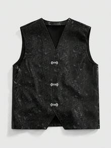 ROMWE MEN Street Life Men's Textured Floral V-Neck Button Vest - Black - View 9