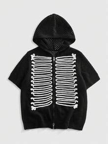 ROMWE MEN Street Life Áo khoác cardigan nam ngắn tay có mũ, in họa tiết tối giản. - màu đen - Xem 1