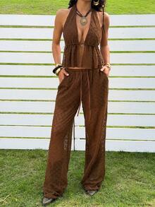 SHEIN EZwear New Summer Music Festival Brown Mesh Halter Top & Pants Set For Women - Coffee Brown - View 4