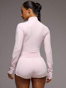 Musera Sport 长袖白色缝线BBL夹克和热裤运动套装，适合运动健身、健身房、普拉提、日常休闲运动，适合女生穿着，热辣吸汗。 - 粉色 - 查看 4
