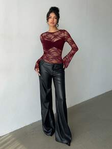 Aloruh Women's Solid Black Lace Sexy Backless Bodysuit, Autumn/Winter New Arrival - Burgundy - View 4