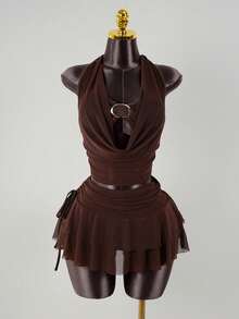 SaltGleam SaltGleam Women Metal Buckle Decor Draped Neck Top And Side Drawstring Double Layer Ruffle Mini Skirt 2 Pieces Set - Brown - View 3