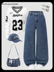 Quần jeans ống đứng cạp chun co giãn kiểu Y2K cho bé gái tuổi teen, túi phẳng, trang phục thường ngày mùa thu đông. - Rửa tối - Xem 3