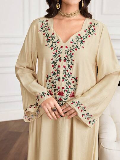 Yasmyna 女士花卉刺绣喇叭袖优雅阿拉伯风格连衣裙