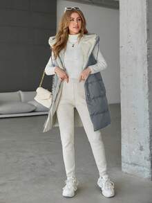SHEIN Cottnline Women's Solid Color Zipper Design Mid-length Hooded Vest -padded Jacket - Grey - View 3