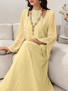 Yasmyna Vestido con cuello de corbata de encaje floral elegante, manga acampanada, primavera/verano - Amarillo - Ver 5