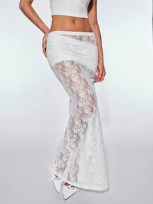 SHEIN ICON Chân váy đuôi cá ren hoa xếp ly eo dành cho nữ, gợi cảm và thời trang. - trắng - Xem 4