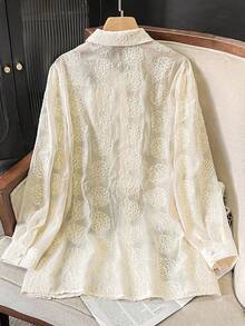 Lacomfia Áo kiểu Pháp thanh lịch, đa năng dành cho nữ cỡ lớn, thêu 3D. - Màu be - Xem 2