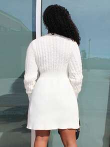 Steph T Cable Knit Sweater Dress, Fall And Winter, Elegant, White, Longsleeve, Crewneckl - Beige - View 2