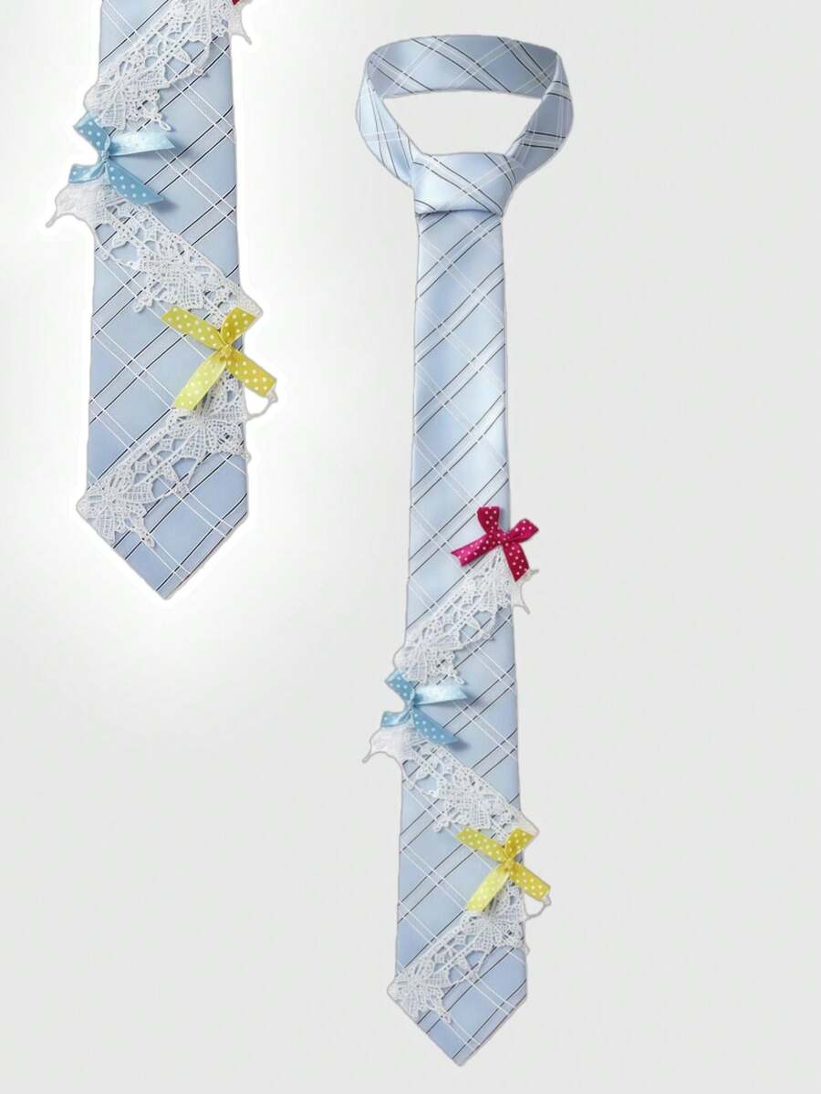 ROMWE Anime 1件可爱甜美蕾丝蝴蝶结发饰，复古经典波点波普艺术风格，女士款 - 淺藍色 - 查看 1