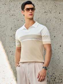 RONVEXI 男士撞色条纹图案短袖针织Polo衫夏季两件套 男士针织两件套 男士度假装 男士休闲短裤两件套 男士短款套装 - 杏色 - 查看 5
