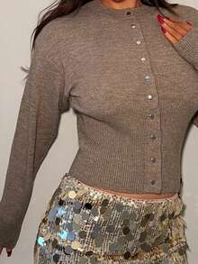 Ambs Edit Cardigan scurt, subțire, în față, cu mânecă lungă, cu mânecă lungă, simplu, casual, cu nasturi în față, pulover, pulover scurt pentru femei, pulovere pentru femei, pulovere din tricot, îmbrăcăminte pentru femei de iarnă, îmbrăcăminte pentru femei de toamnă, FW24 - Cămilă - Vizualizare 3