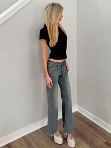 Sydney Algeri 女士口袋休闲喇叭牛仔裤 Y2K 街头风低腰牛仔裤 - 薄荷藍 - 查看 3