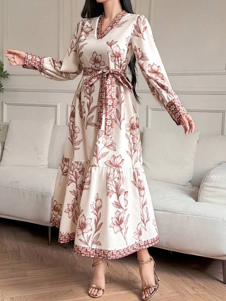 Women's V-Neck Loose Waist A-Line Elegant Long Dress Sundress Floral Dresses For Women