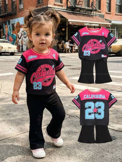 SHEIN Baby Girl Casual Fashion Street Chic Daily Commute Letter & Number Print Contrast Color Short Sleeve T-Shirt And Flare Pants Set, Spring/Summer/Autumn