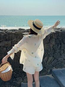 DAZY 两件套女式韩版杏色刺绣衬衫和短裤套装 - 杏色 - 查看 10