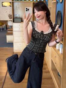 DAZY Women's Contrast Plaid Sleeveless Girly Korean Style Shirt - Black - View 10