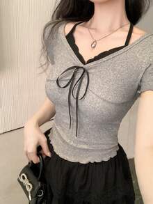 DAZY 女士二合一露背系带蝴蝶结短袖T恤 - 灰色 - 查看 6