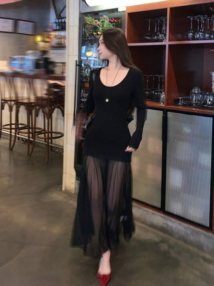 Women's Korean Style Patchwork Solid Color Elegant Slim Fit Sheer Dress Maxi Dress Sundress