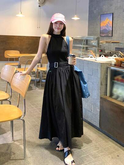 DAZY 女士牛仔连衣裙，无袖拼接牛仔连衣裙，优雅复古风，显瘦，夏季长款连衣裙