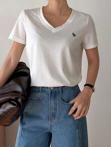 DAZY Women's V-Neck Short Sleeve Loose Casual T-Shirt - White - View 6