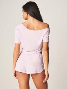 MISSGUIDED Lavender Ribbed Pointelle Off Shoulder Crop Top And High Waisted Shorts Lounge Set Summer Sleepwear Two Piece Pajama Outfit - Mauve Purple - View 2