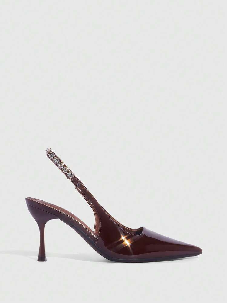 CUCCOO SZL Women's Black Patent Leather Pointed Toe Stiletto Heel Backless Rhinestone Decor Ankle Strap Sexy Party High Heel Pumps Valentine's Day