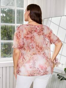 Reflora Plus Size Women Summer Casual Printed Tie Front Short Sleeve Shirt, Going Out Tops - Pink - View 6