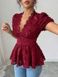 Elenzga 女士春夏镂空透视拼接V领蕾丝腰身衬衫 - 酒紅色 - 查看 5