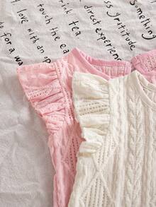 2 Piece Set Toddler Girl Tween Girls Outfit Sweet Y2K Style Pink White Diamond Cable Knit Flutter Ruffle Cap Sleeve Soft Thick Tops Shirts Blusas Summer Clothes Tops Daily Vacation Beach Wear For Spring Summer - Multicolor - View 5