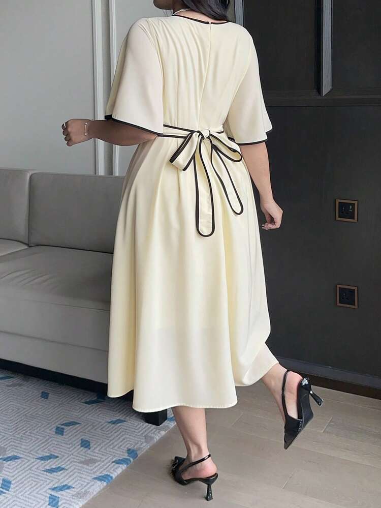 Dazy Plus Plus Size Color Block Trim V-Neck Short Sleeve Belted Front Button Decor Elegant Dress Maxi Dress Sundress
