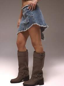 MUSERA Asymmetric Fringe Hem Pocket Detail Mini Skirt Winter Cute Streetwear Going Out Casual Western Born Faded - Medium Wash - View 4