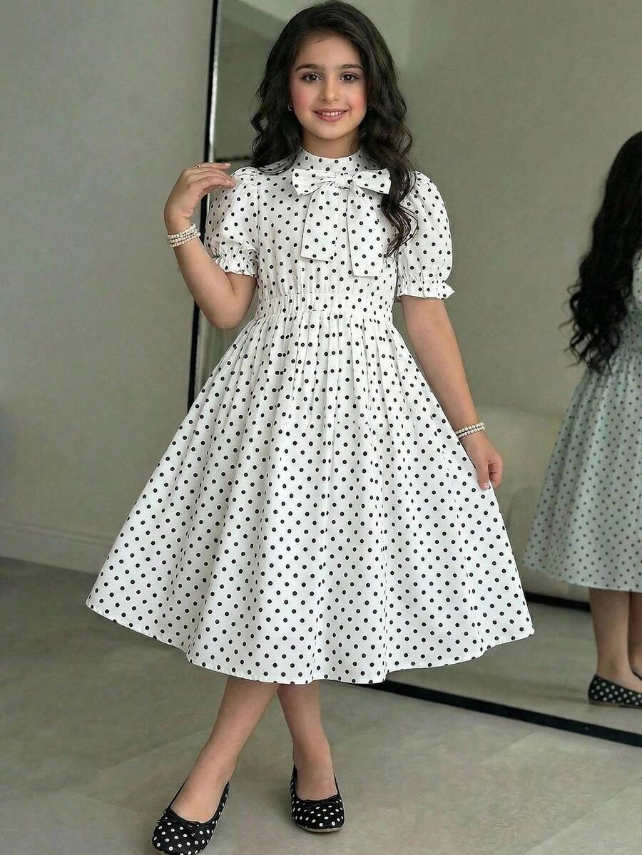 SHEIN 少女休闲通勤都市时尚优雅波点立领蝴蝶结装饰泡泡袖褶裥连衣裙，春夏款 - 杏色 - 查看 1