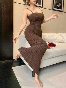 Plaid Camisole Cinched Waist Long Women's Nightgown, Summer - Brown - View 7