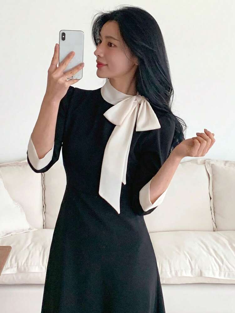 Women's Tie Neck Waist Cinched Black & White Contrast Midi Dress Sundress