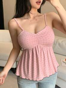 DAZY Polka Dot Print Ruched Chest Padded Camisole Top For Women - Pink - View 11