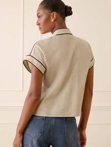 Lilora 女士优雅撞色纯棉短袖衬衫，高品质、时尚、百搭、优雅的纯棉衬衫，适合通勤、日常休闲、外出、派对、约会、聚会、休闲活动、野餐、假日、度假、夏季和假日旅行。纽扣式纯棉衬衫，女士休闲上衣，女士西式上衣，纯棉女装，女士休闲套装，女士上衣和衬衫，女士休闲纯棉上衣，女士纯棉衬衫。 - 杏色 - 查看 9