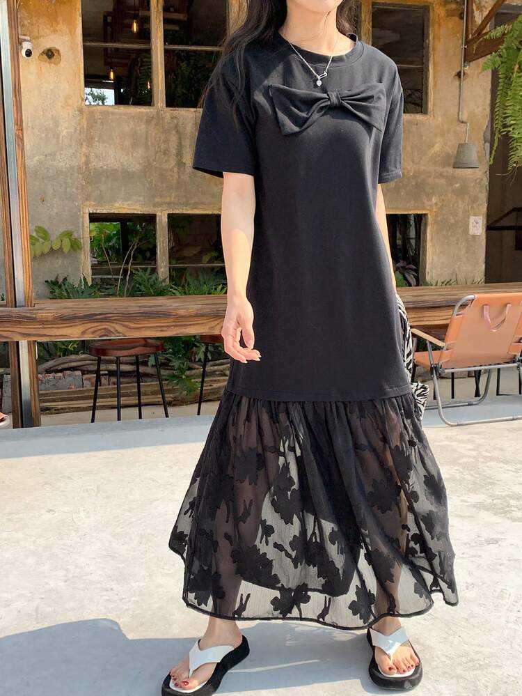 Women's Round Neck Short Sleeve Lace Patchwork Bow Decor Casual Midi Dress Sundress