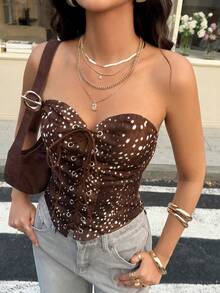 Aidyla 女士梭织数码印花抽绳系带吊带背心，休闲通勤装，春夏款 - 棕色 - 查看 6