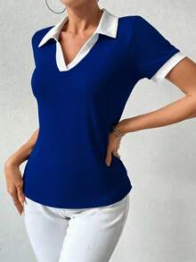 RosyDaze 女士休闲简约撞色滚边翻领短袖T恤，适合通勤，夏季白蓝上衣，女士Polo衫，学院风上衣，女士Polo衫，皇家蓝上衣，蓝色衬衫，女士办公上衣，蓝白上衣，撞色上衣 - 藍色 - 查看 3