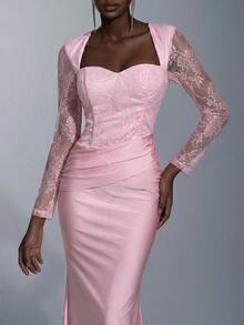 Elitara 优雅、浪漫、时尚、粉色、蕾丝拼接、弹力面料、长袖、褶皱装饰、鱼尾下摆、拖尾、网红、节日、度假、生日派对、婚礼、伴娘礼服 - 淺粉色 - 查看 3